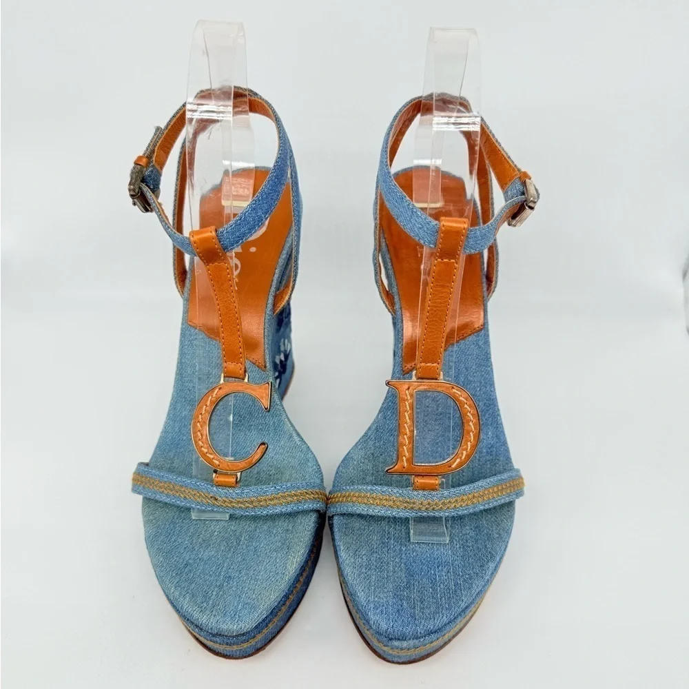 Christian Dior Vintage Denim Leather CD logo floral embroidered wedge heels 38.5